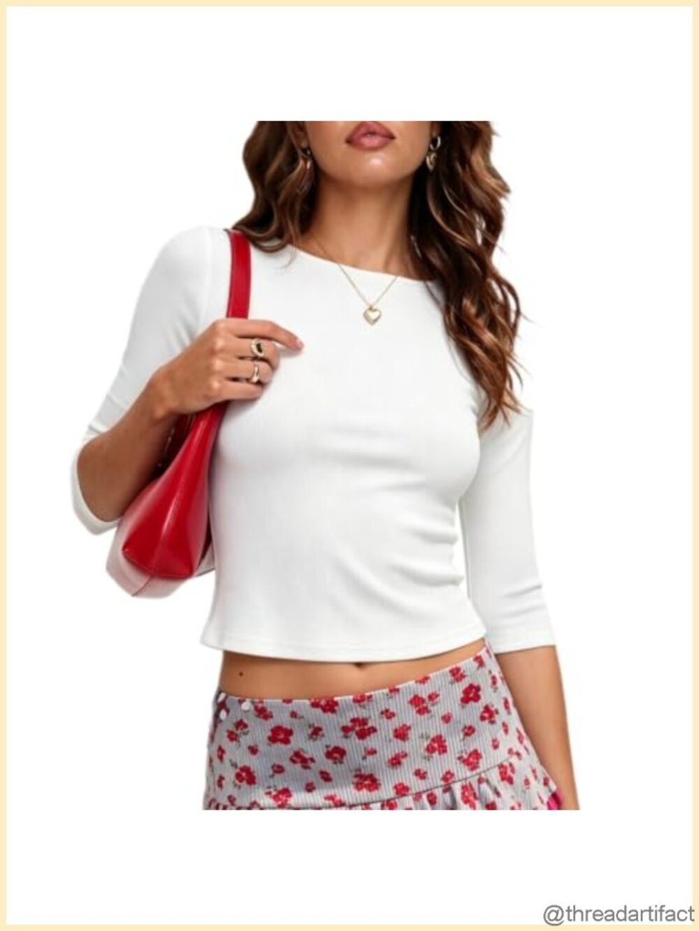 Women 3/4 Sleeve Ribbed Boat Neck Crop Top Fitted Basic Tee